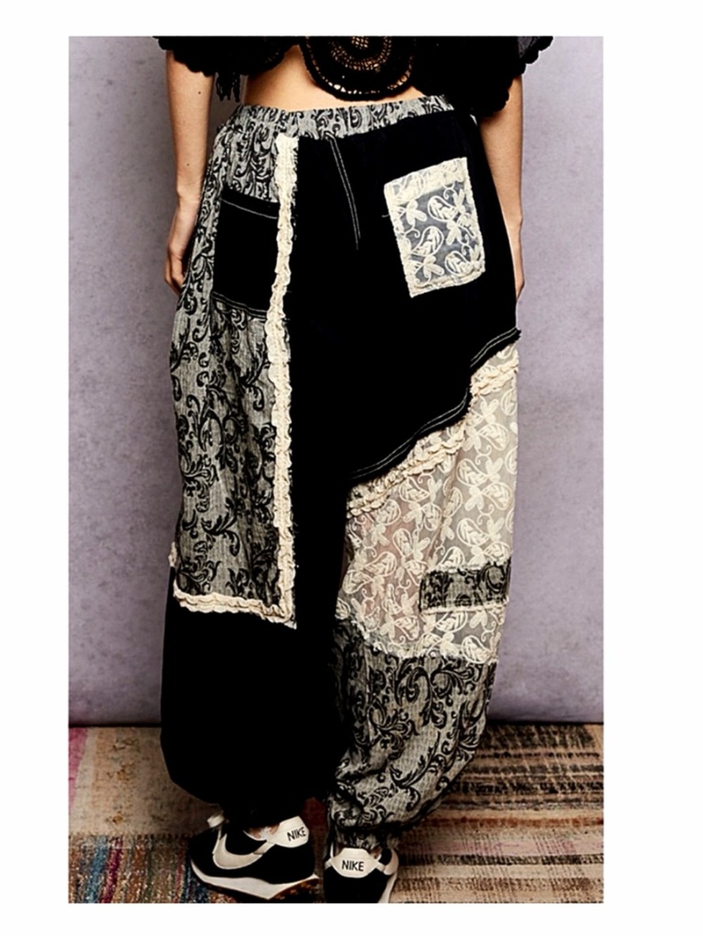 POL Black Floral Print Semi Sheer Lace Cotton Joggers Pants! - Picture 3 of 5